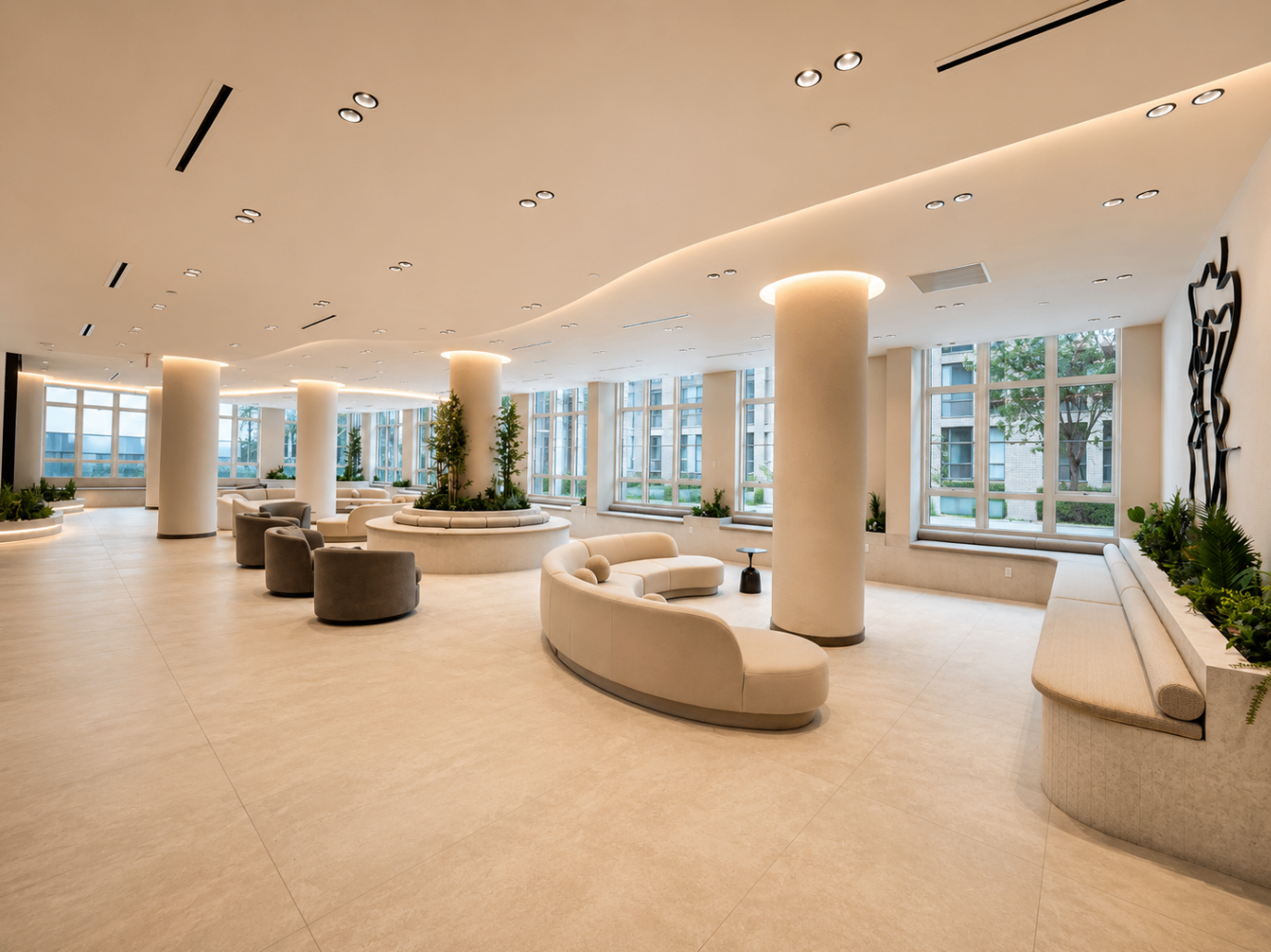 Resident lounge at Darome with curved seating and social gathering space