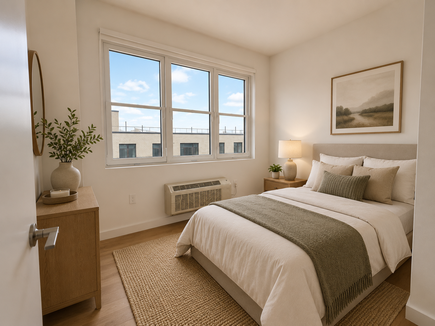 Sunlit bedroom at Darome with oversized windows and warm neutral finishes