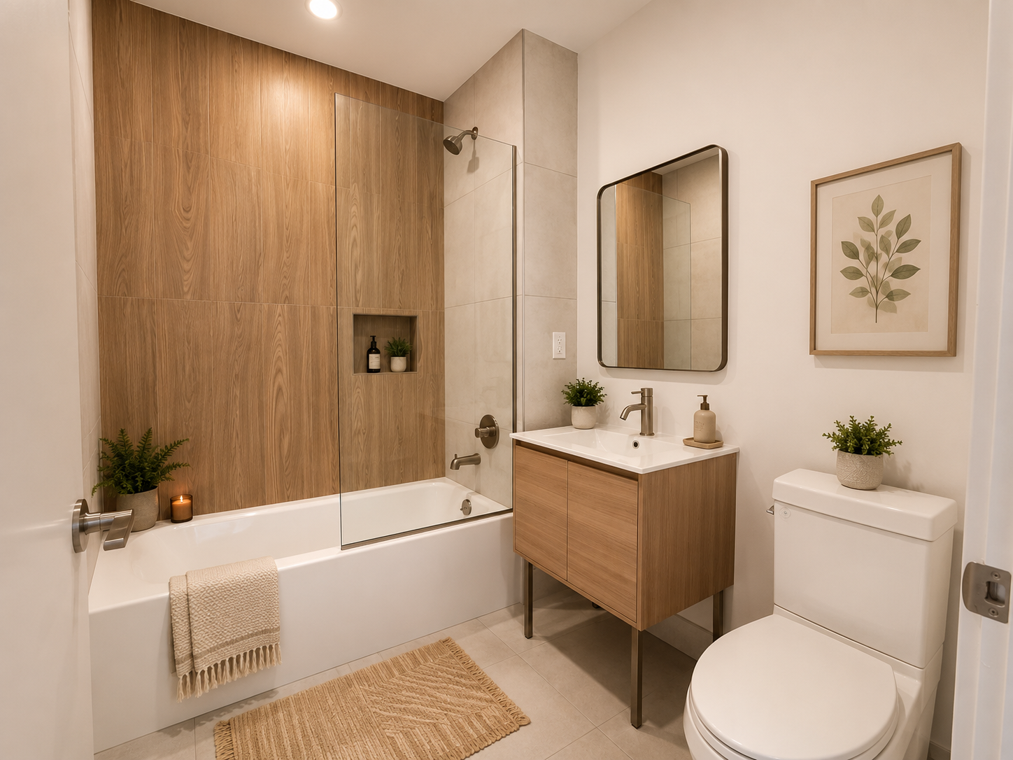 Bathroom at Darome with soaking tub and wood-look tile surround