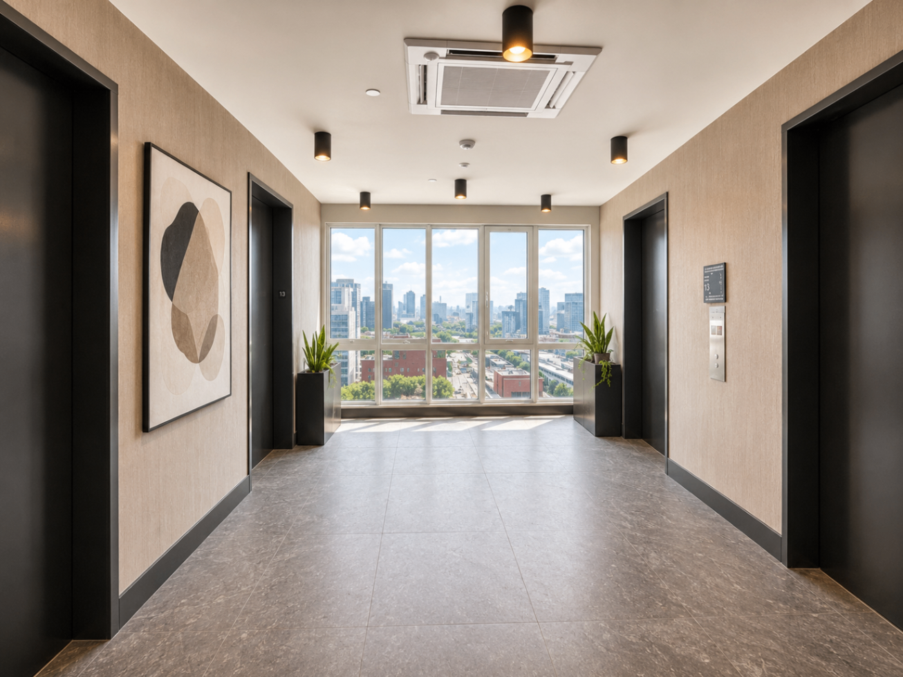 Elevator landing with skyline view
